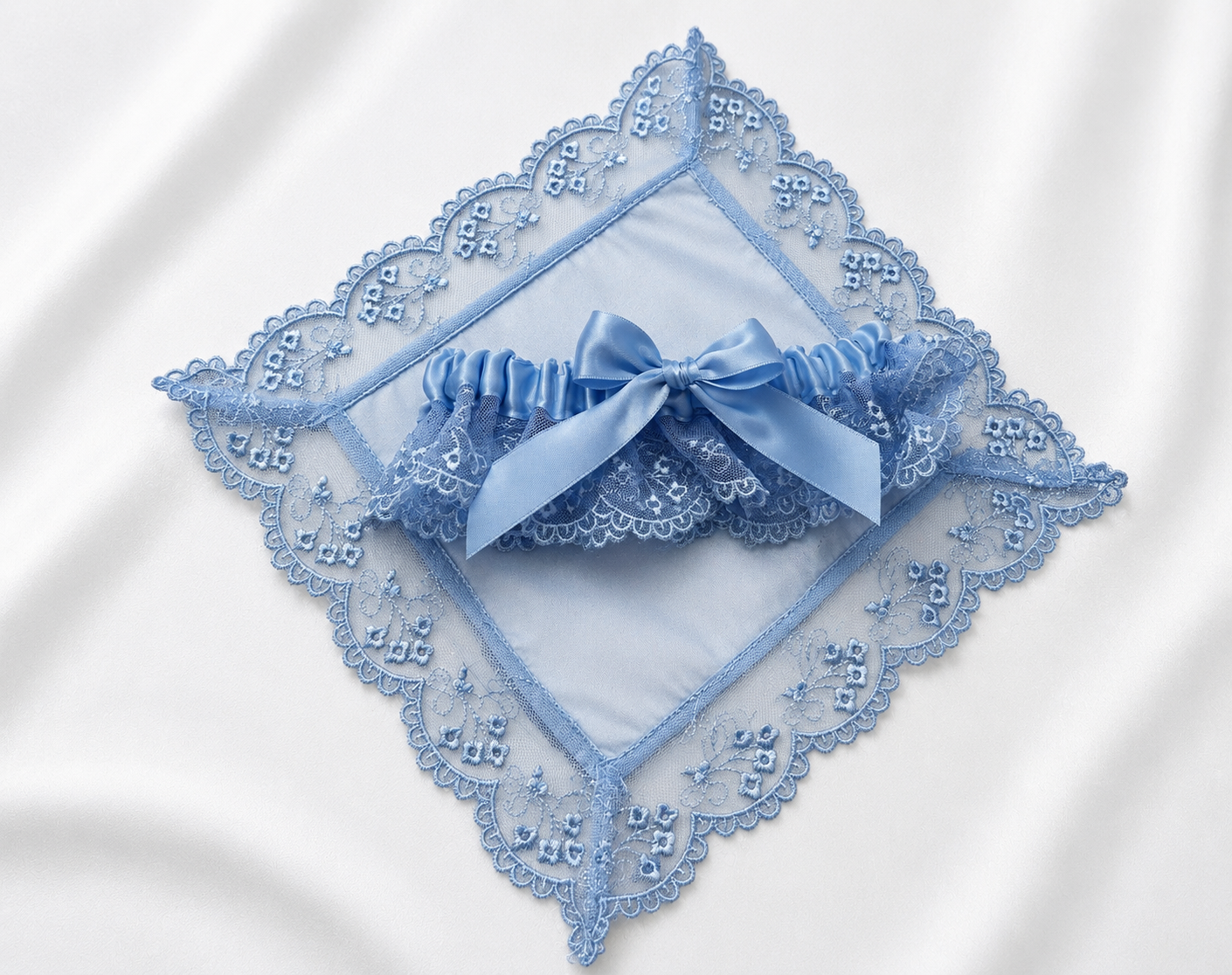 Blue Silk and French Lace Hanky & Garter Set